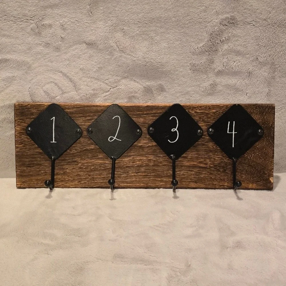 Rae Dunn Numbered 1-2-3-4 Wood Wall Hook Rack Brown Black Farmhouse Decor
